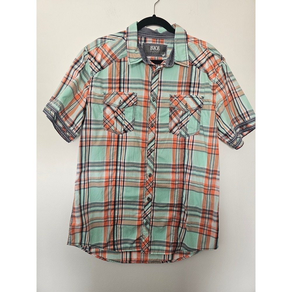 Coastal BKE Athletic Fit Plaid Button Down Mens Large Mint Orange Ripstop Short